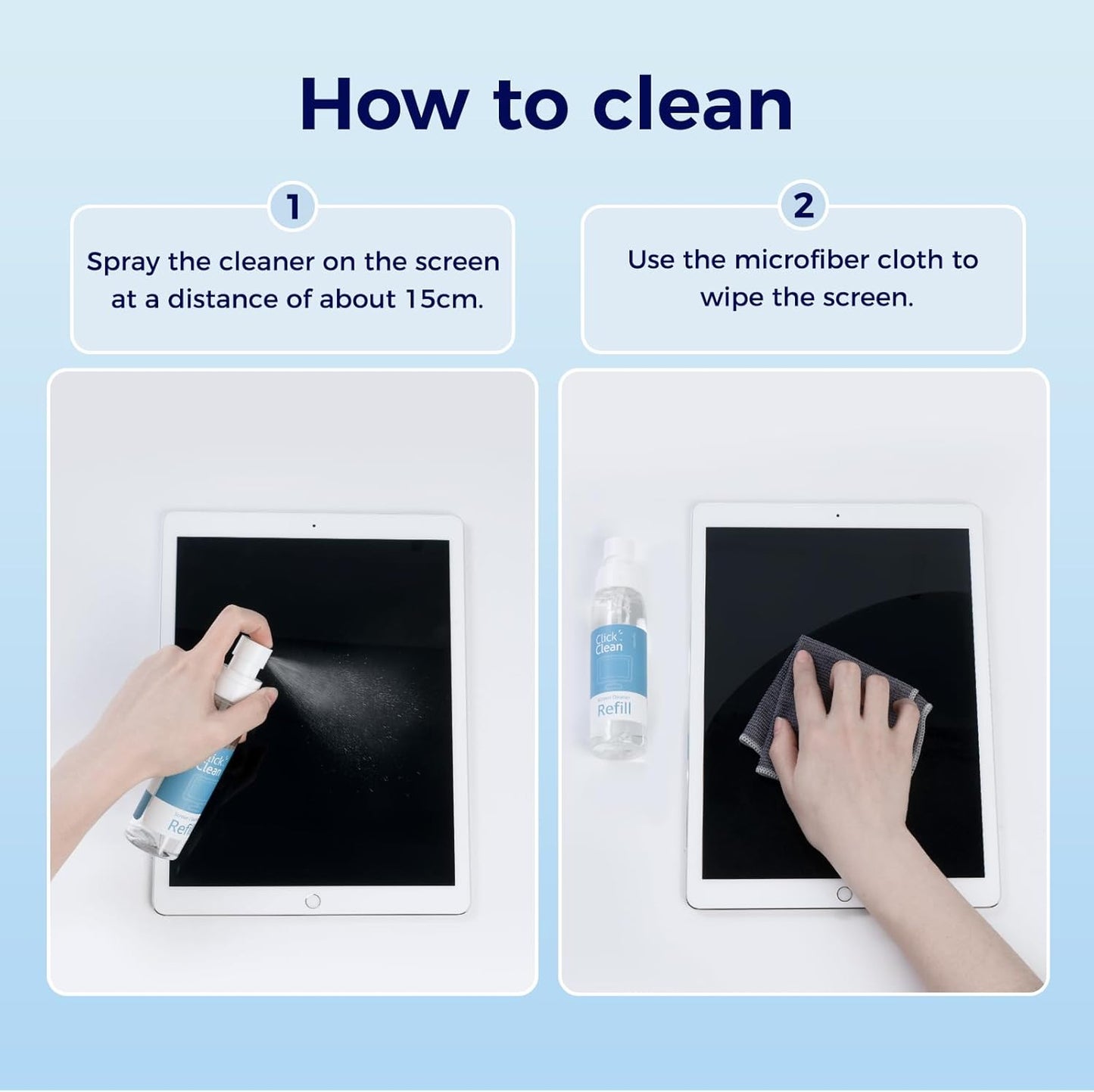 Click Clean Screen Cleaner Refill Kits - 4 oz Cleaner Refill and 1 Microfiber Cloth(7.8 x 7.8in), 1 Mini Refill Funnel + 1 Sprayer - Specially Designed for Click Clean Cleaning Products