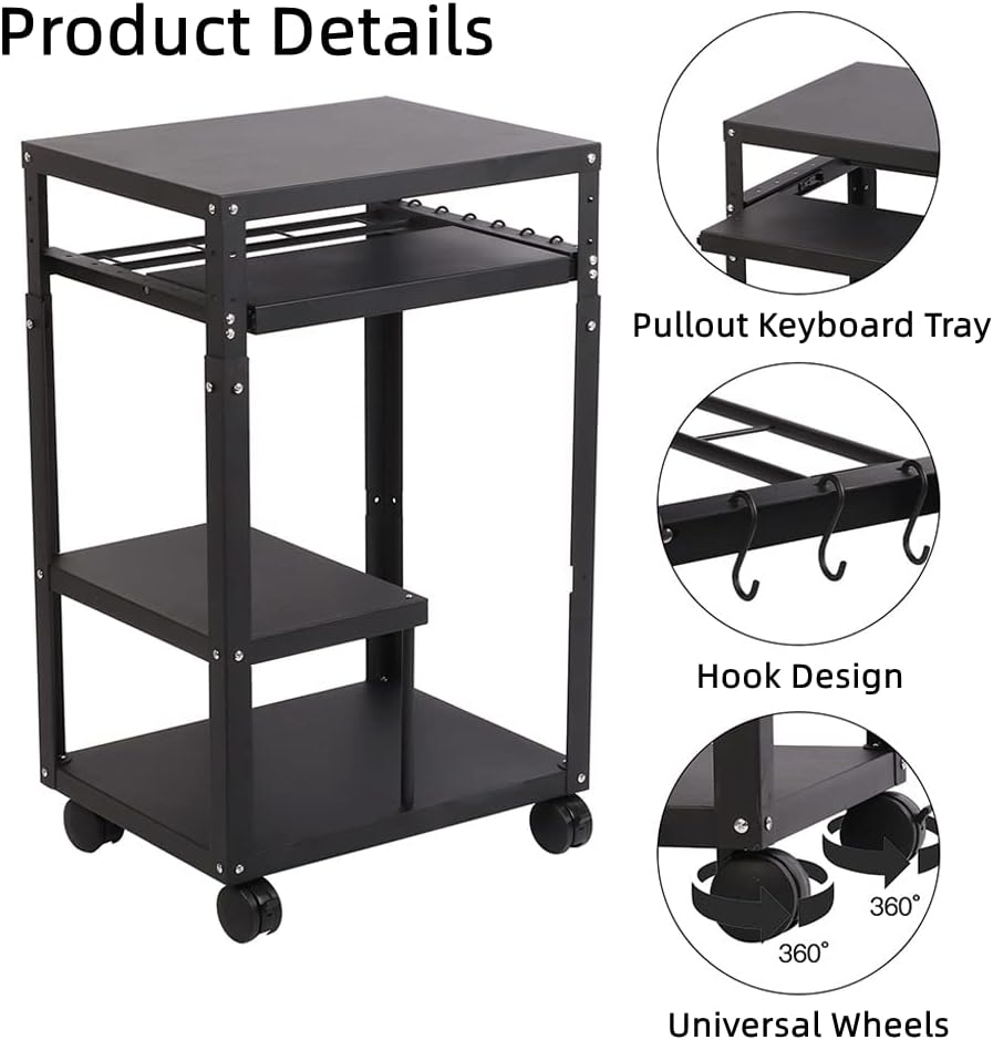 tonchean AV Presentation Cart with Keyboard Tray, Heavy Duty Mobile Workstation Presentation Cart for Video Projector, Laptop Computer, Media Cart for School Classroom Office(Black)