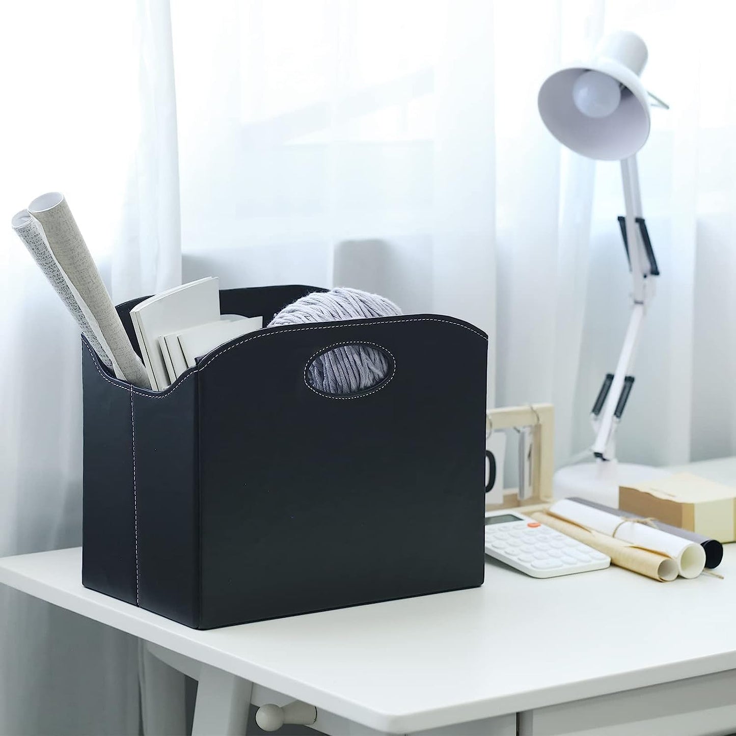 EZDeco Magazine Holder Foldable Magazine Rack Floor PU Leather File Holder Newspaper Book Storage Basket Document File Folder Organizer for Office Home (Black-2)