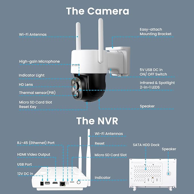 XMARTO Solar Camera Outdoor Wireless, 4 PCs QHD 4MP Wireless PTZ Security Camera System with 4K 10CH Expandable WiFi NVR, All-Weather Solar Charge, Two-Way Audio, PIR Sensor, 360° View, No Monthly Fee