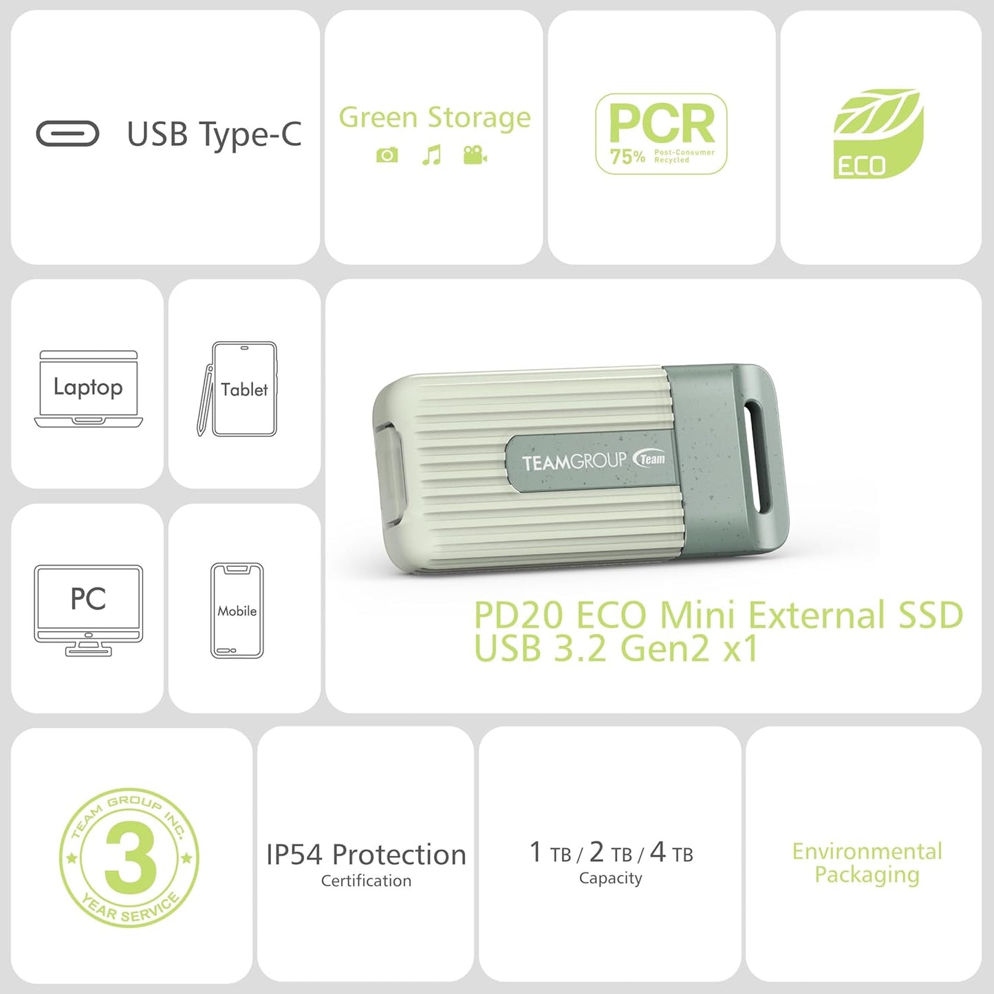 TEAMGROUP PD20 ECO 4TB Portable External Solid State Drive SSD Read up to 1000MB/s USB 3.2 Gen2x1 Type-C Waterproof Dustproof IP54 TPSEG4004T0C102