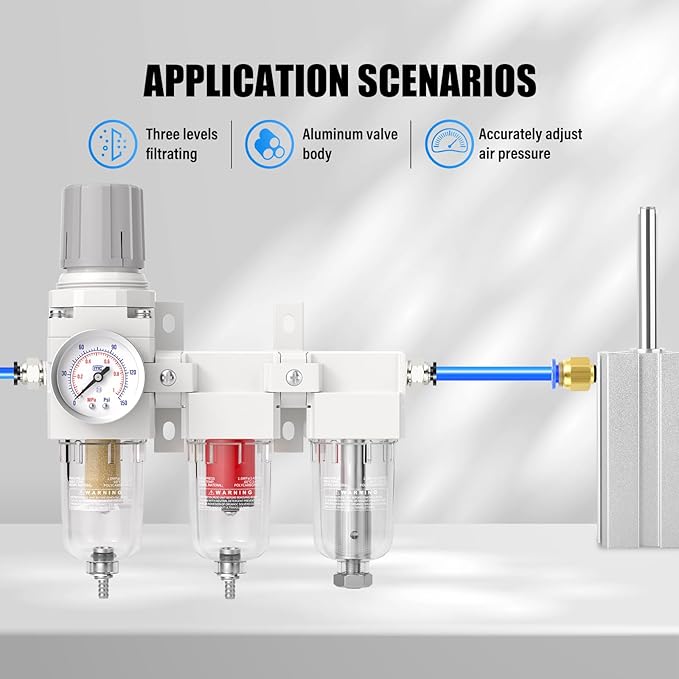 1/4" NPT 3 Stage Aluminium Air Drying System with 150PSI Gauge, Coalescing Filter, Particulate Filter, Desiccant Dryer and Air Regulator, Manual Drain For Plasma Cutter and Paint Spray