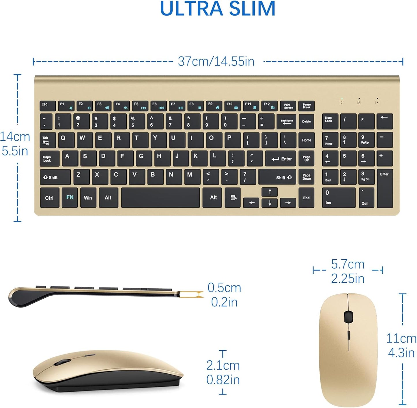 Wireless Keyboard and Mouse Ultra Slim Combo, TopMate 2.4G Silent Compact USB 2400DPI Mouse and Scissor Switch Keyboard Set with Cover, 2 AA and 2 AAA Batteries, for PC/Laptop/Windows/Mac - Gold Black