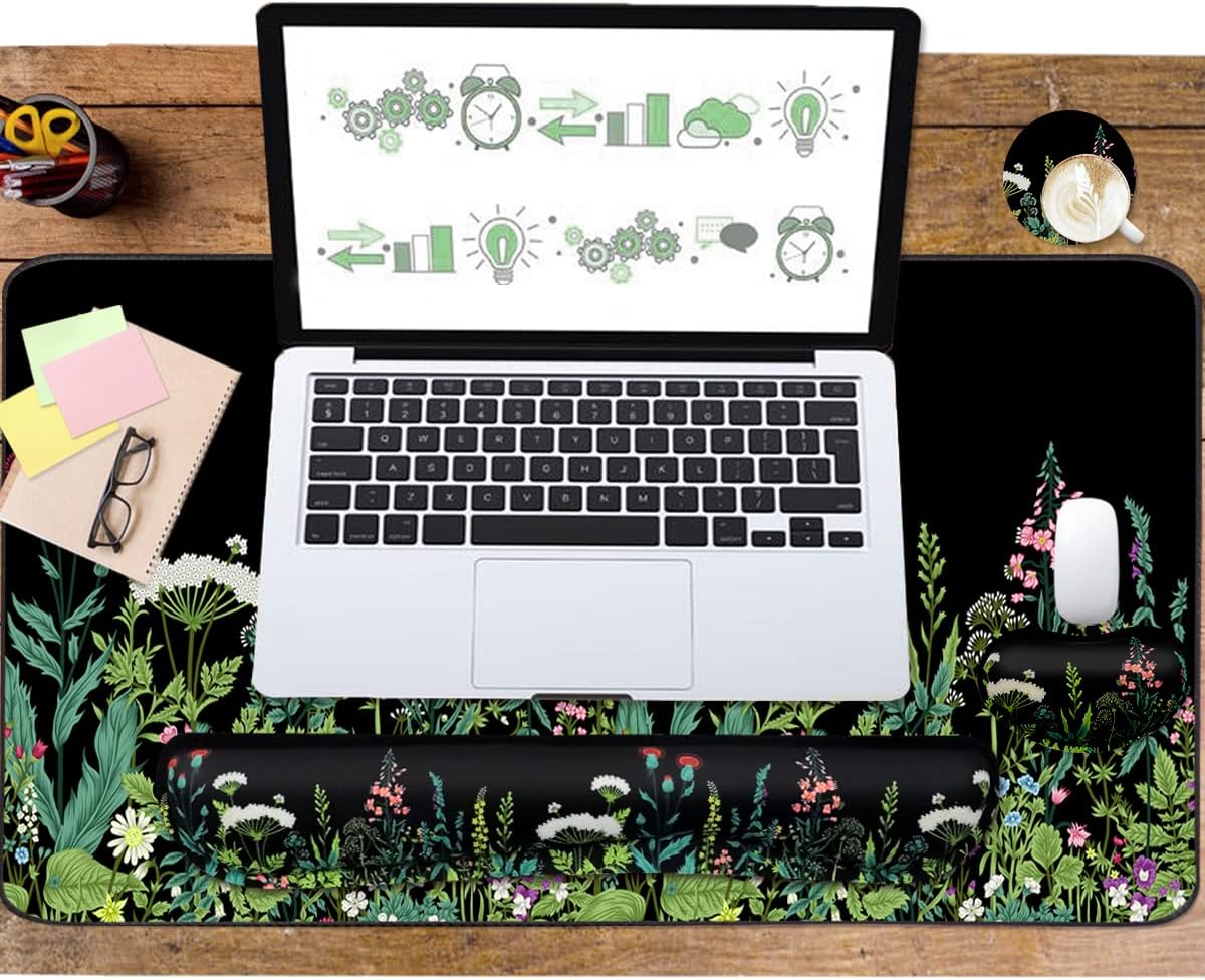 Keyboard Mouse Pad Set, Extended Mouse Pad+Keyboard Wrist Rest Support, Memory Foam Ergonomic Easy Typing, 3Pcs (35.4×15.7 in) Desk Pad Set for Home Office Study Game - Weeds