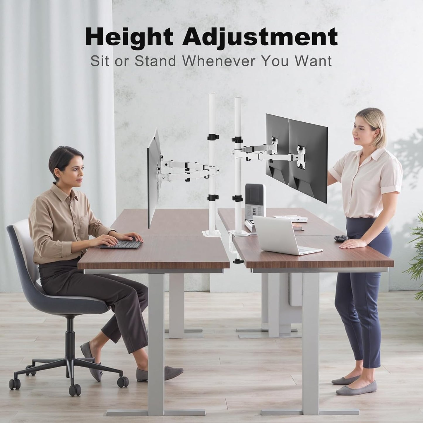 Suptek Dual LED LCD Monitor Stand up Desk Mount Extra Tall 31.5" Pole Heavy Duty Fully Adjustable Stand for 2 / Two Screens up to 27 inch,White (MD6842W)