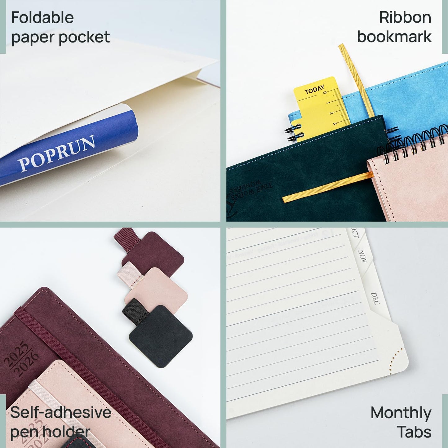 POPRUN Planner 2025-2026 Weekly Notebook (Medium 6.5''x 8.5'') Academic Calendar (JUL.25 - JUN.26) Appointment Book with Monthly Tabs, Leather Soft Cover, Inner Pocket, 100 GSM - Petrol Green