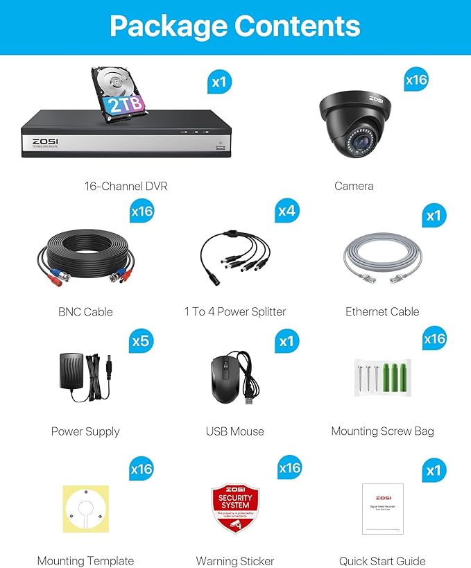 ZOSI 16 Channel Security Camera System 1080p, 2MP H.265+ Hybrid 16CH DVR with AI Human Vehicle Detect, 16 x 1080p CCTV Dome Camera Outdoor, 80ft Night Vision, 90° View Angle, Remote Access, 2TB HDD