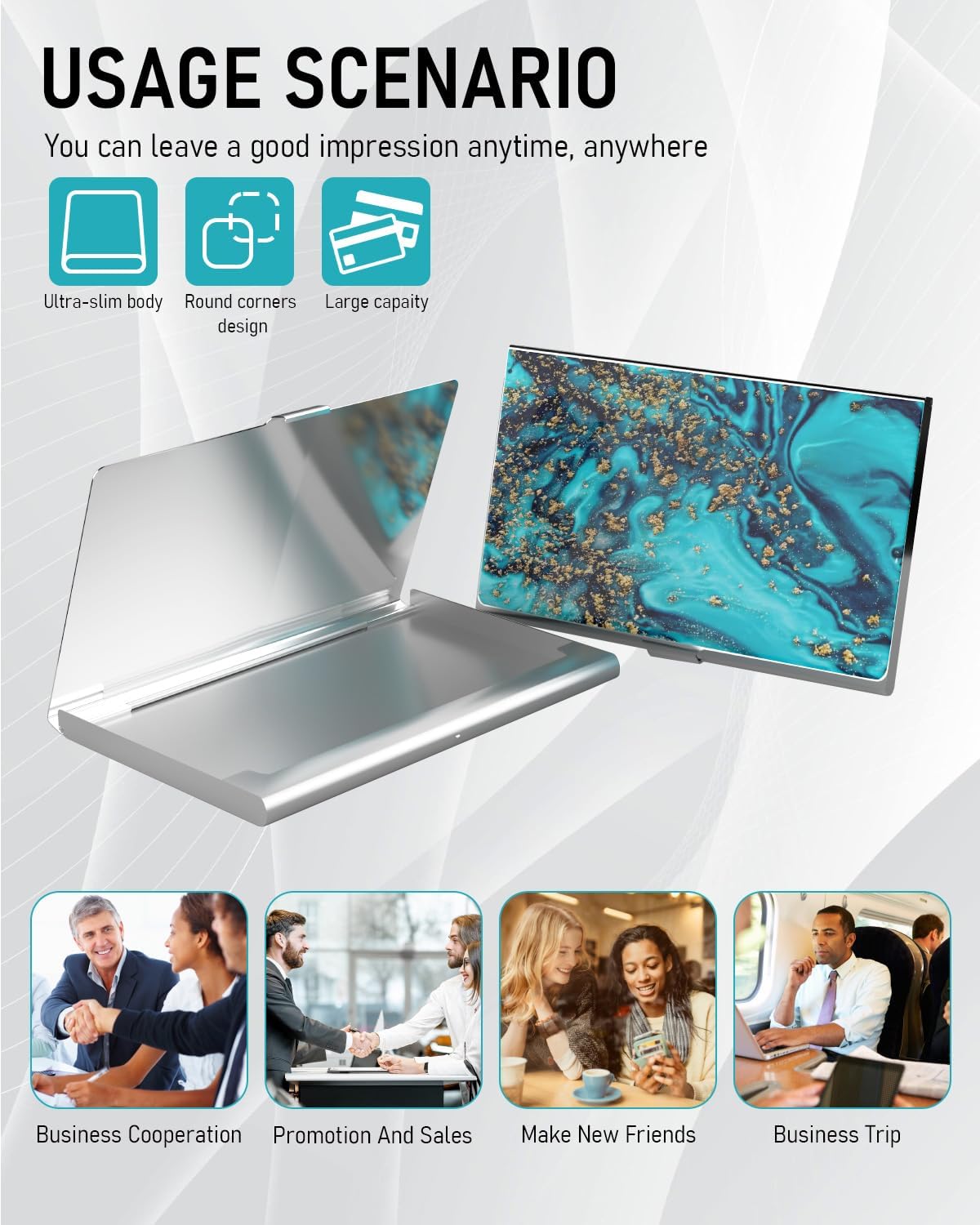 Business Card Metal Slim Organizer, Professional Stainless Steel Square Pocket Wallet for Office Workers, Compact and Portable for Pockets (Blue Gold Marble)