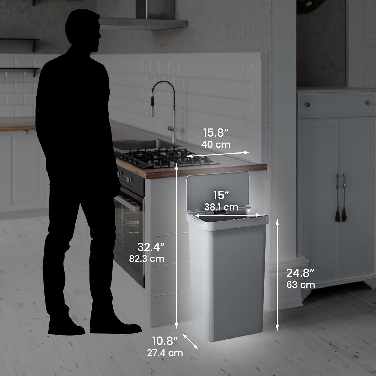 iTouchless Prime 13.2 Gallon Sensor Trash Can, Slim and Space-Saving, Durable Dent-Proof Construction, Automatic Bin Gray Color Great for Kitchen, Home, Office, Business, Garage, Plastic