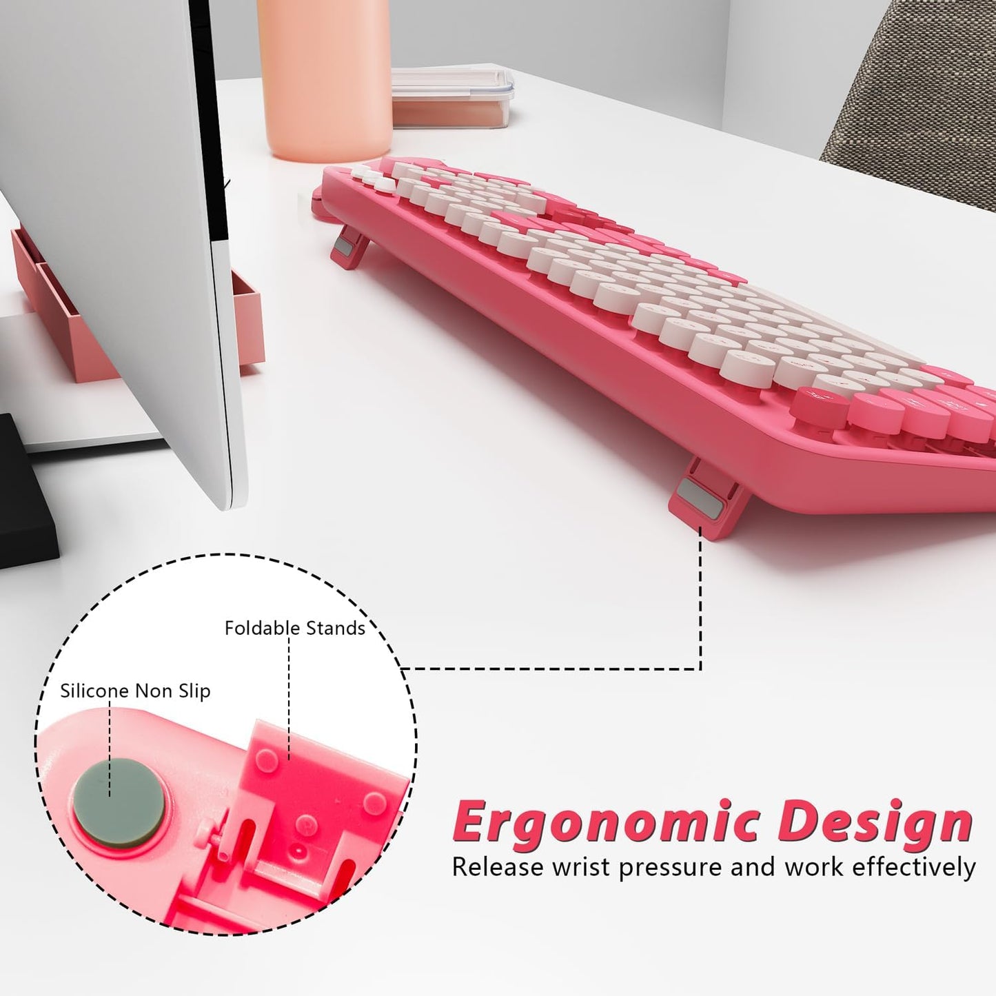 Wireless Keyboard,KOOTOP Cute Colorful 104 Keys Typewriter Retro Round Keycaps Keyboard for PC Laptop,Desktop,Windows, Home and Office Keyboards(Pink)