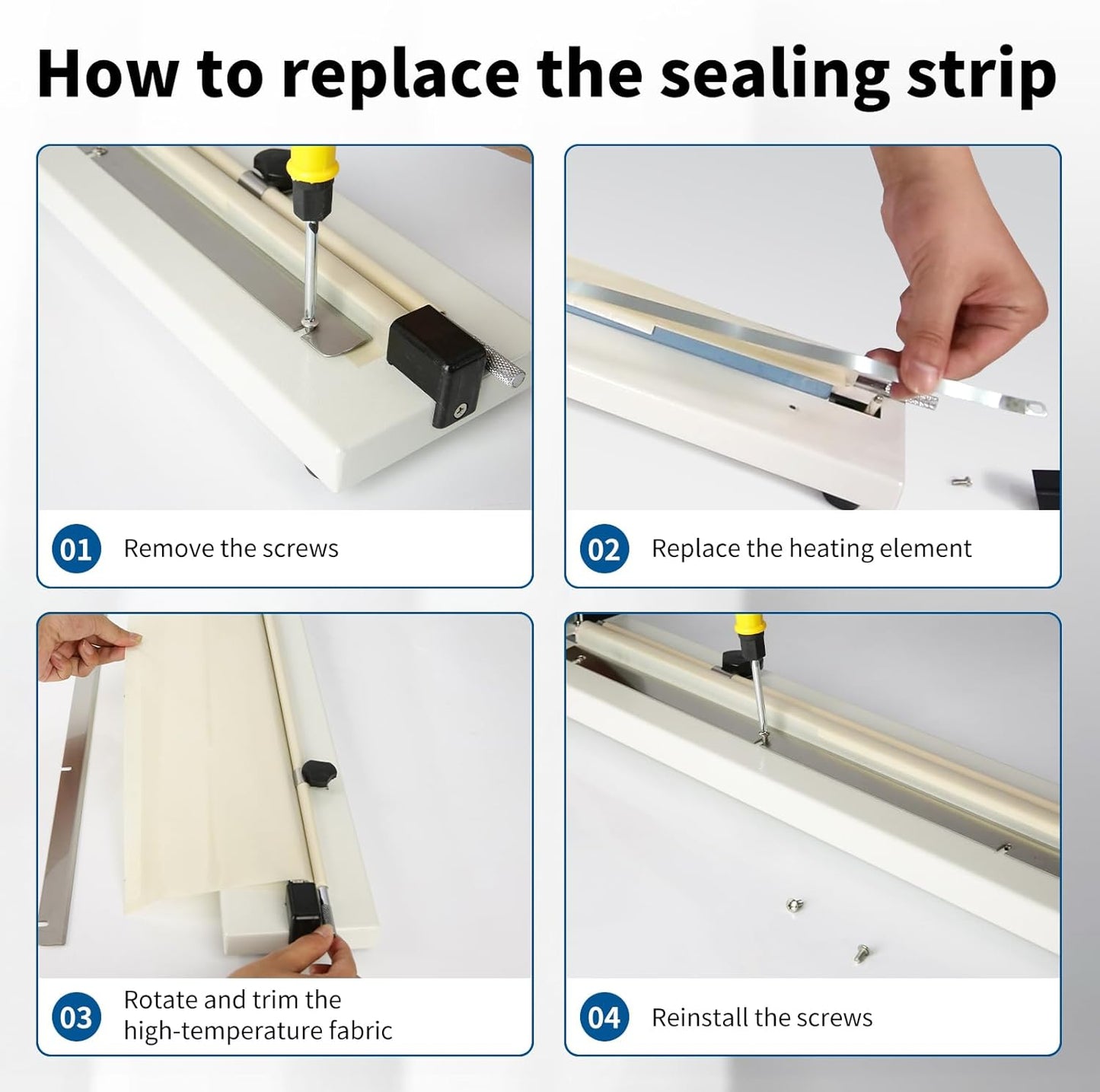Impulse Heat Sealer with Seal bar, Heavy-Duty Bag Sealing & Cutting Machine, 8mm Sealing Width, 1 Extra Replacement (white, 24 inch)