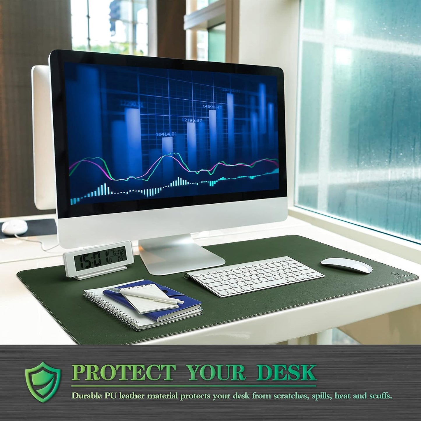 K KNODEL Desk Mat, Blotter, Dual-Sided Office Desk Pad, Waterproof Desk Mat for Desktop, Desk Blotters, PVC Leather Pad Protector (Dark Green, 23.6" x 13.8")