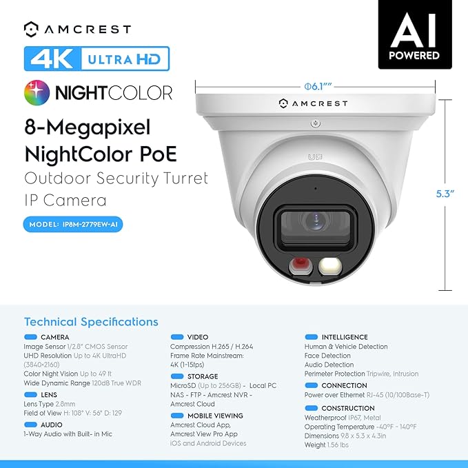 Amcrest 4K Security Camera System, 4K 8CH PoE NVR, (4) x 8-Megapixel Night Color Turret POE IP Cameras (IP8M-2779EW-AI), Active Deterrent, Pre-Installed 2TB Hard Drive, NV4108E-2779EW4-2TB (White)