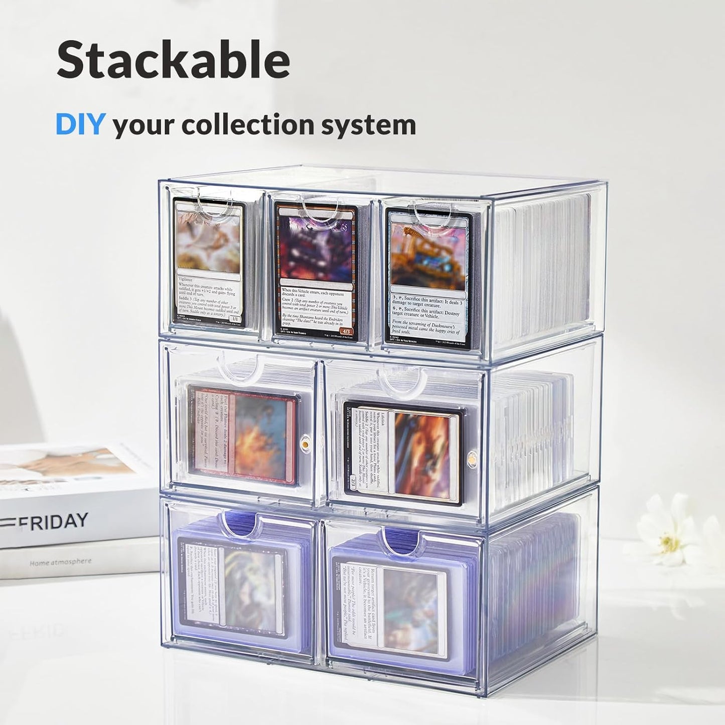 4 Drawer Trading Card Storage Box for Toploader & Magnetics, Clear Card Organizer with Divider for TCG, MTG, Sports Cards, Holds 380+ Top Loaders