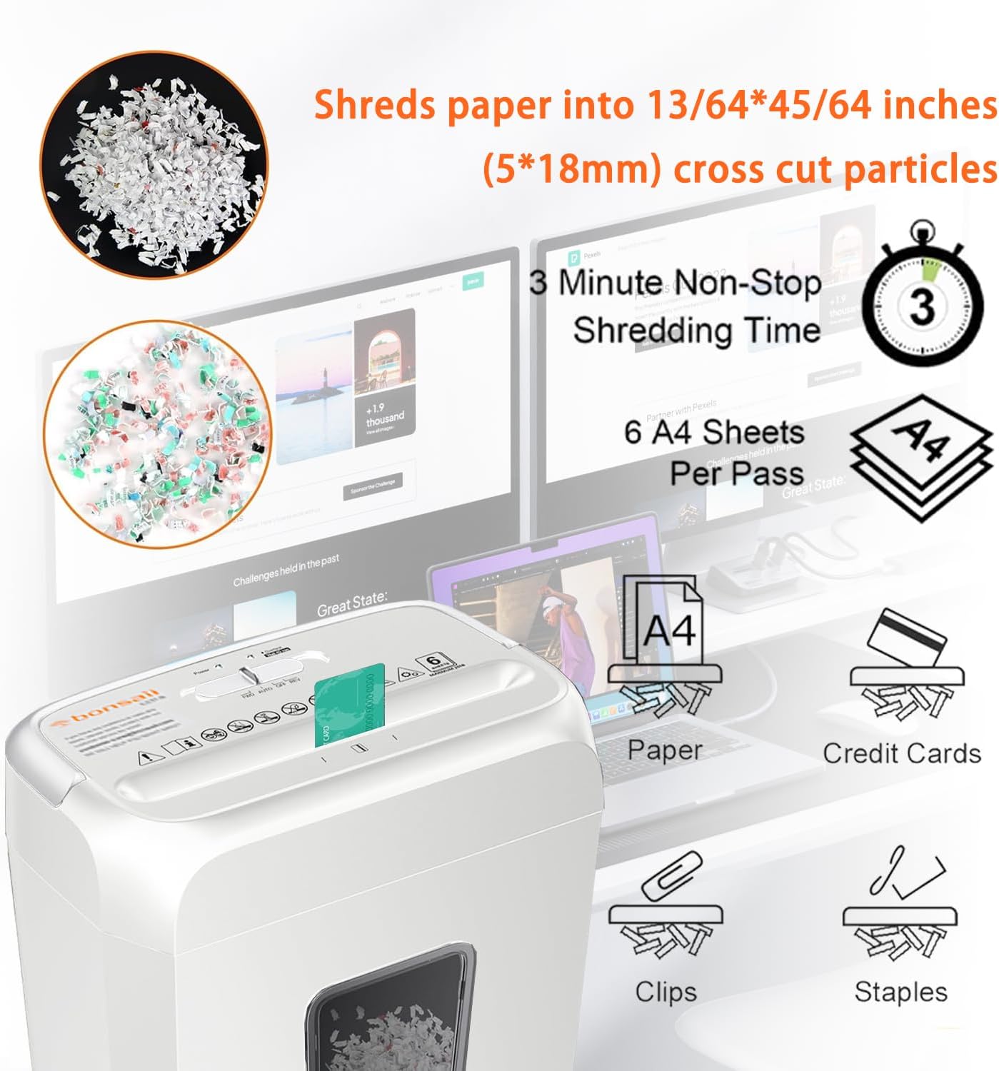 Bonsaii Quiet Cross-Cut Shredder, Ideal for Home Offices, Low-Noise Shredder, 6 Sheets at Once, Perfect for documents, Mail & Staples, 3.4-Gallon Wastebasket, Easy-Carry Handle, White