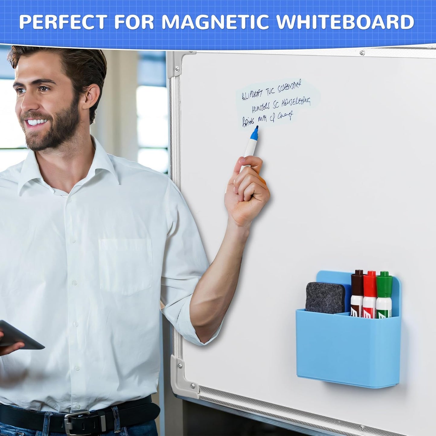 Magnetic Dry Erase Marker Holder, Magnetic Pen Marker Holder for Whiteboard, Fridge, Locker Accessories, School, Office, Home, Magnet Pen Cup,1 Pack, Blue