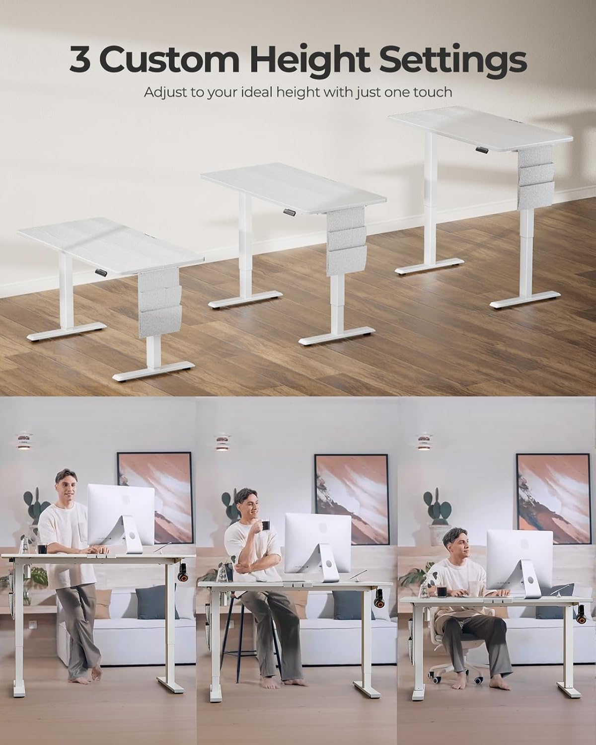 Marsail Standing Office Desk,Adjustable Heights,Stand Up Desk,55x28 Inches Desktop Sit Stand Home Office Gaming Computer Desk with 4 Memory Presets,Headphone Hook,Cable Organizer, White