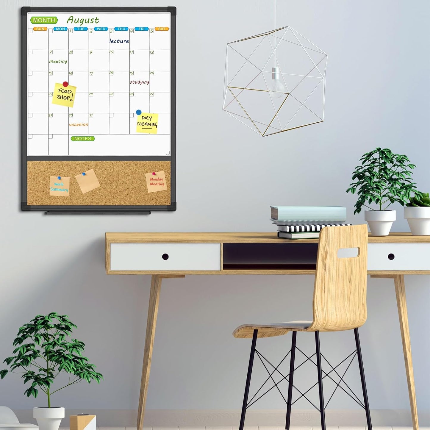 JILoffice Magnetic Calendar Whiteboard & Bulletin Corkboard Combination, Combo Board 20 x 28 Inch, Black Aluminum Frame Wall Mounted Board for Office Home and School with 10 Push Pins