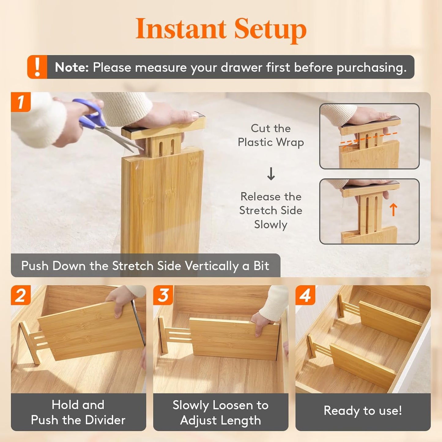 Lifewit 4 Pack Drawer Dividers Bamboo 6" High, 11-17" Adjustable Drawer Organizers for Clothes, Expandable Dresser Separators in Bedroom/Bathroom/Kitchen/Fridge/Office Organization and Storage