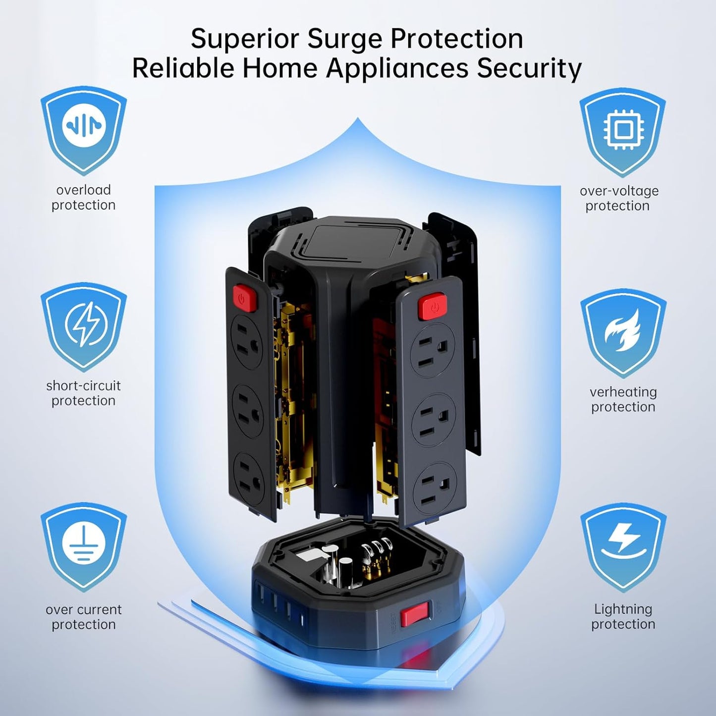 Power Strip Surge Protector, 10 Ft Extension Cord with 12 AC Multiple Outlets 4 USB (1 USB C), SMALLRT Power Tower Desktop Charging Station (Black, 10 FT PD20W)