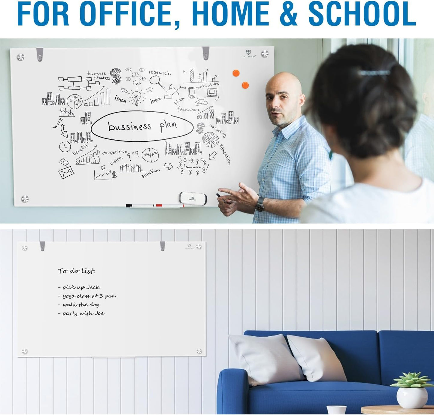 TSJ OFFICE Glass Dry-Erase Board - 36 x 24 Inches Brilliance White Magnetic Glass Whiteboard, Wall Mounted Large Frameless White Board for School, Home & Office