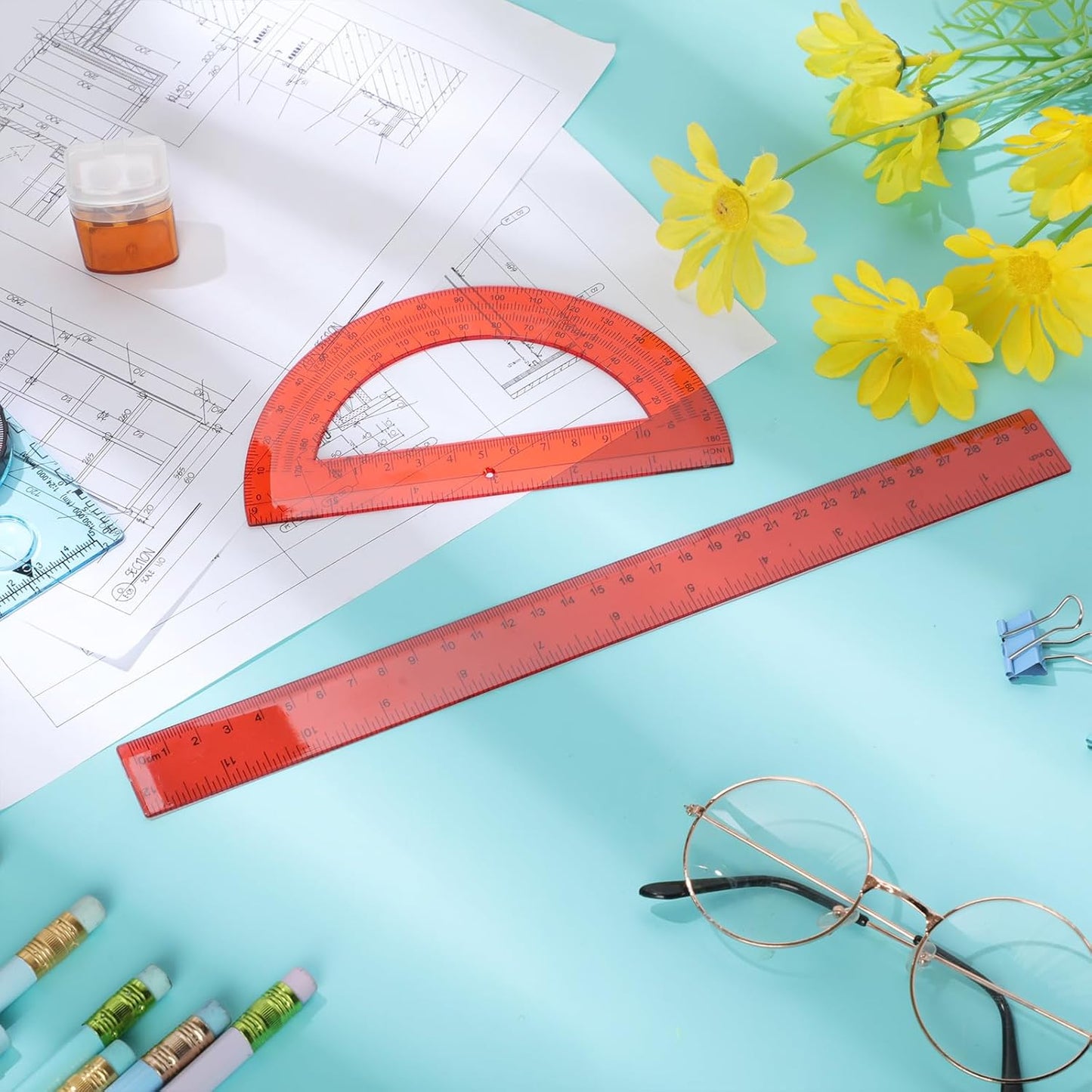 Zonon 2 Pack 12'' Plastic Ruler and 6'' Plastic Protractor Set Clear Ruler Protractor Set Math Geometry Supplies for School Classroom Home Office Drawing (Red)