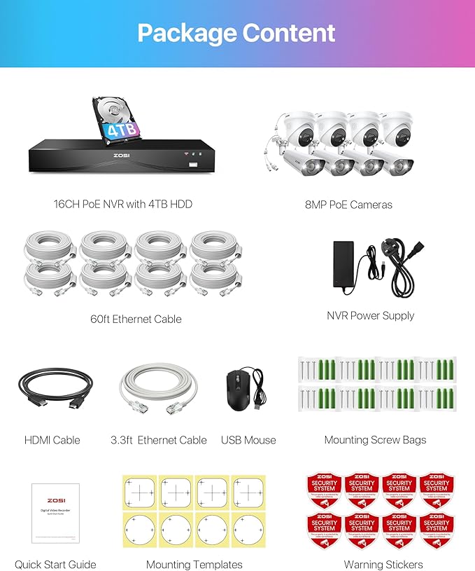 ZOSI 32CH 4K PoE Security Camera System,8pcs 8MP Indoor Outdoor IP Cameras,Person Vehicle Detection,2 Way Audio,Color Night Vision,Siren Alarm,16 Port 32 Channel NVR with 4TB HDD for 24/7 Recording