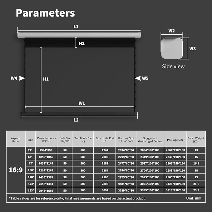 QuadraArc Motorized Projector Screen, Gray Crystal 4K Electric Drop Down Screen, Wall & Ceiling Mount, Compatible with ST/LT Projectors up to 1600 ANSI Lumens 92"