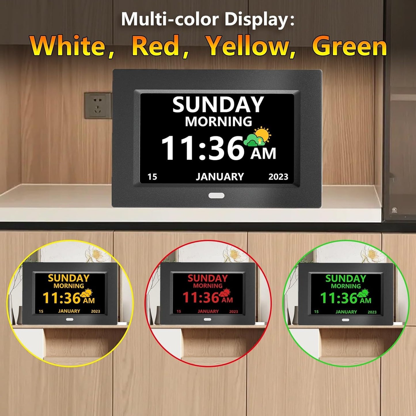 7 Inch Digital Clock with Day and Date for Elderly Alzheimer's Clock Customizable Alarms 3 Display Modes Large Font Alarm Clock for Seniors Auto DST Black