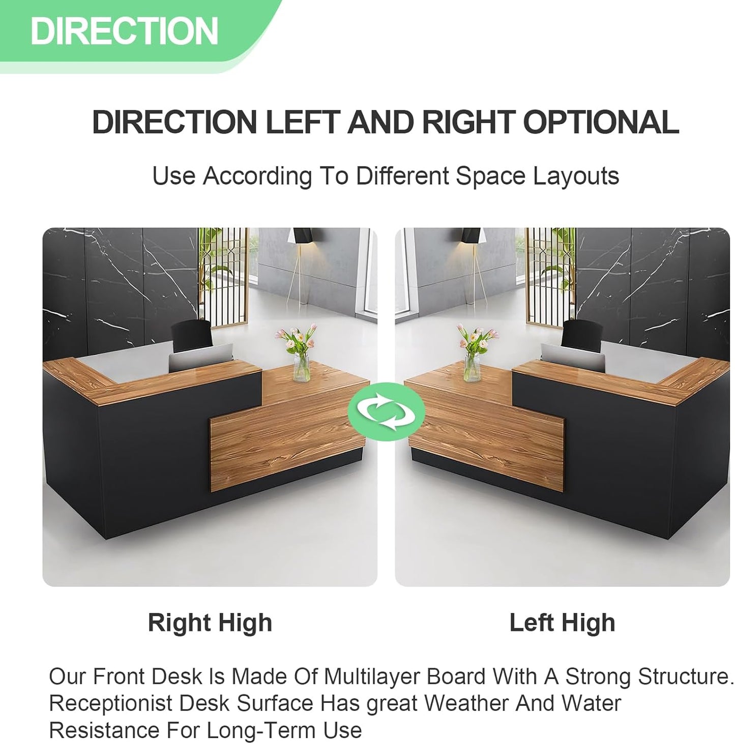 Modern Reception Desk with Counter and Drawer Office Front Desk with Cabinet Wooden Commercial Reception Table Checkout Counter for Retail Salon Lobby Black and Wood Left 71inch/180cm