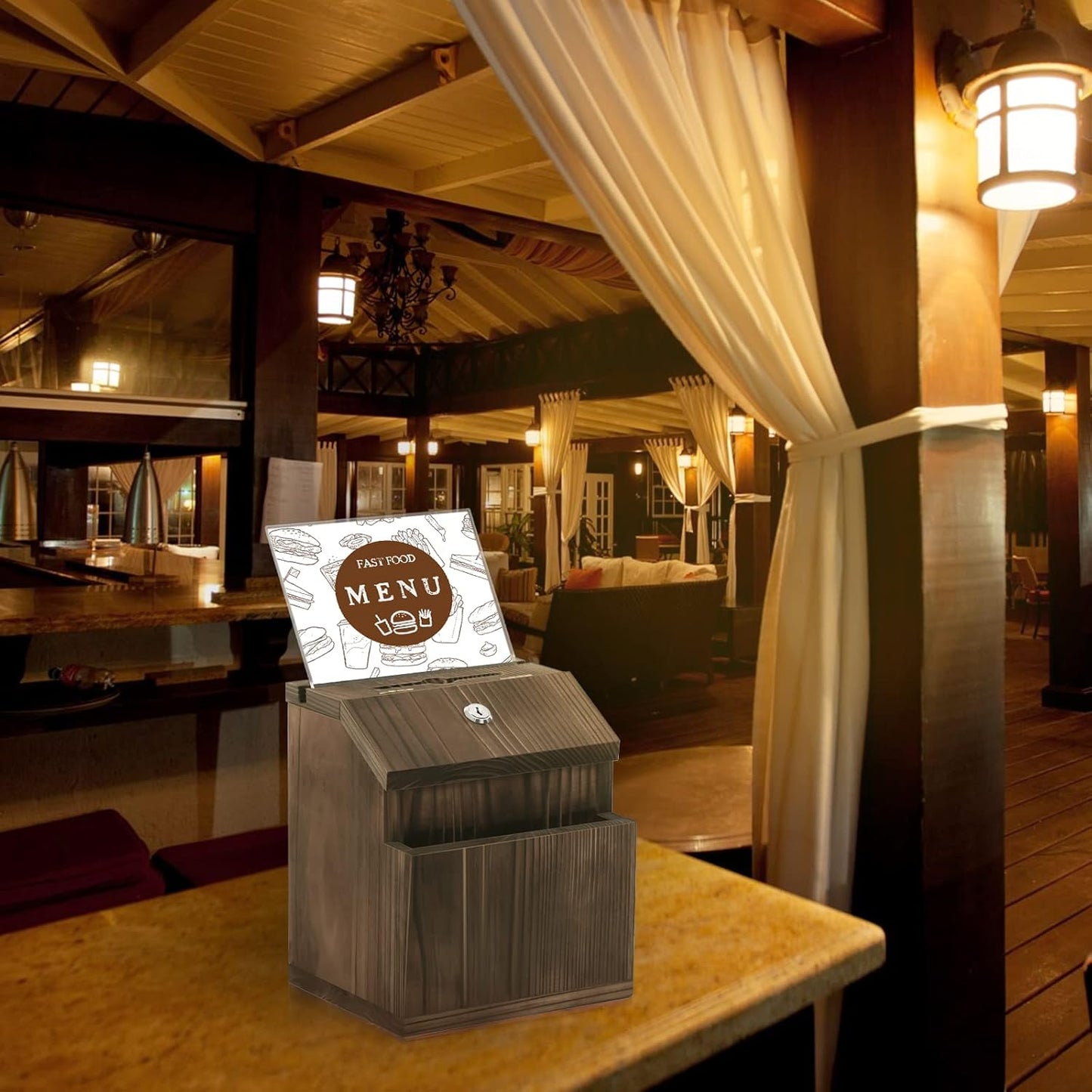 KYODOLED Wood Suggestion Box with Lock Wall Mounted, Rustic Ballot Donation Key Drop Box with Clear Acrylic Sign Holder and 30 Free Suggestion Cards 9H x 6.9W x 8.5L Inch