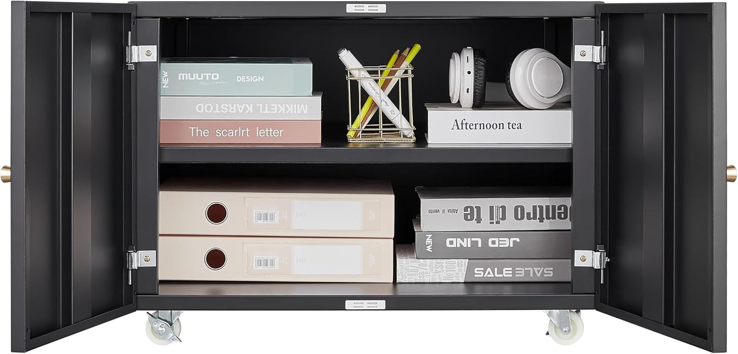 Metal Printer Stand with Storage, Large Black Printer Cabinet with Wheels and Adjustable Shelf for Home Office, Heavy Duty Printer Table