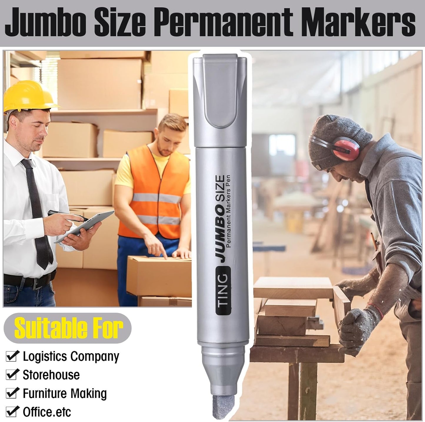 Fuutreo 10 Pack Jumbo Permanent Markers Bulk Large Chisel Tip Permanent Markers Quick Drying Waterproof Big Huge Poster Pens for Office, Logistics Company and More(Silver)