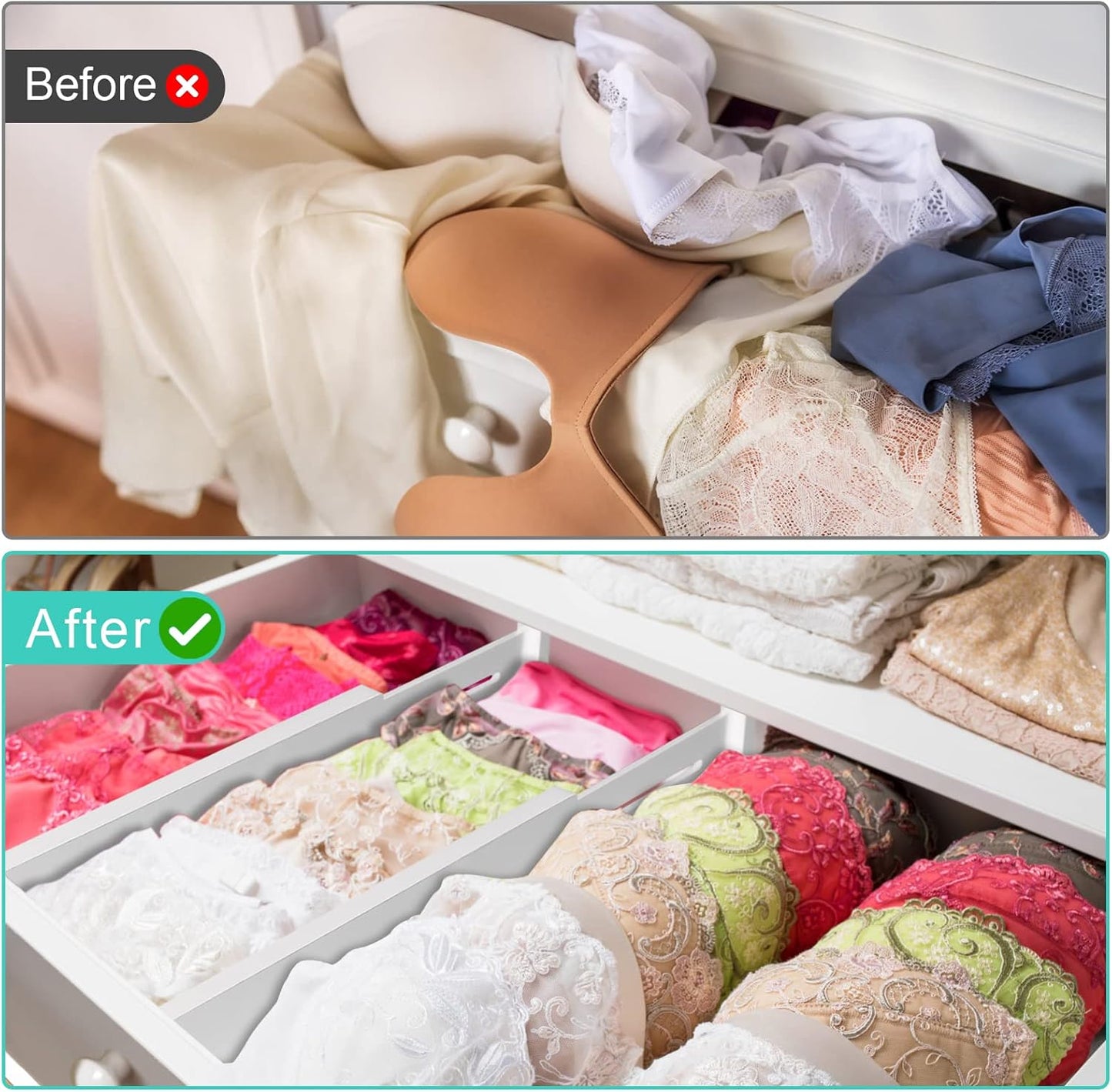 Bamboo Drawer Dividers Organizer with Inserts, Expandable from 12.5-21.7", Adjustable Drawer Organizer Separators for Utensils, Dresser, Bedroom, Bathroom, Closet, Clothing, Office (White)