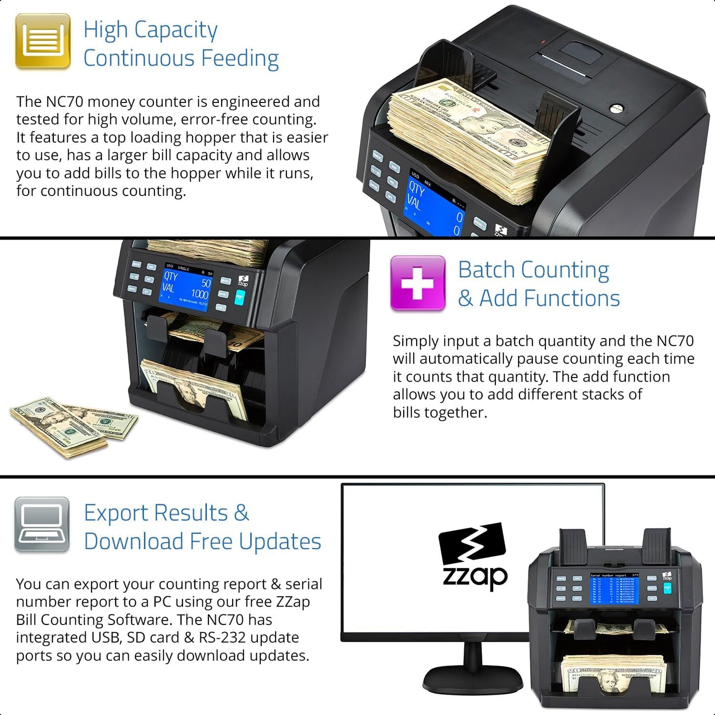 ZZap NC70 Mixed Denomination Bill Counter/2 Pocket Sorter/Counterfeit Detector - Money Cash Value Currency Machine
