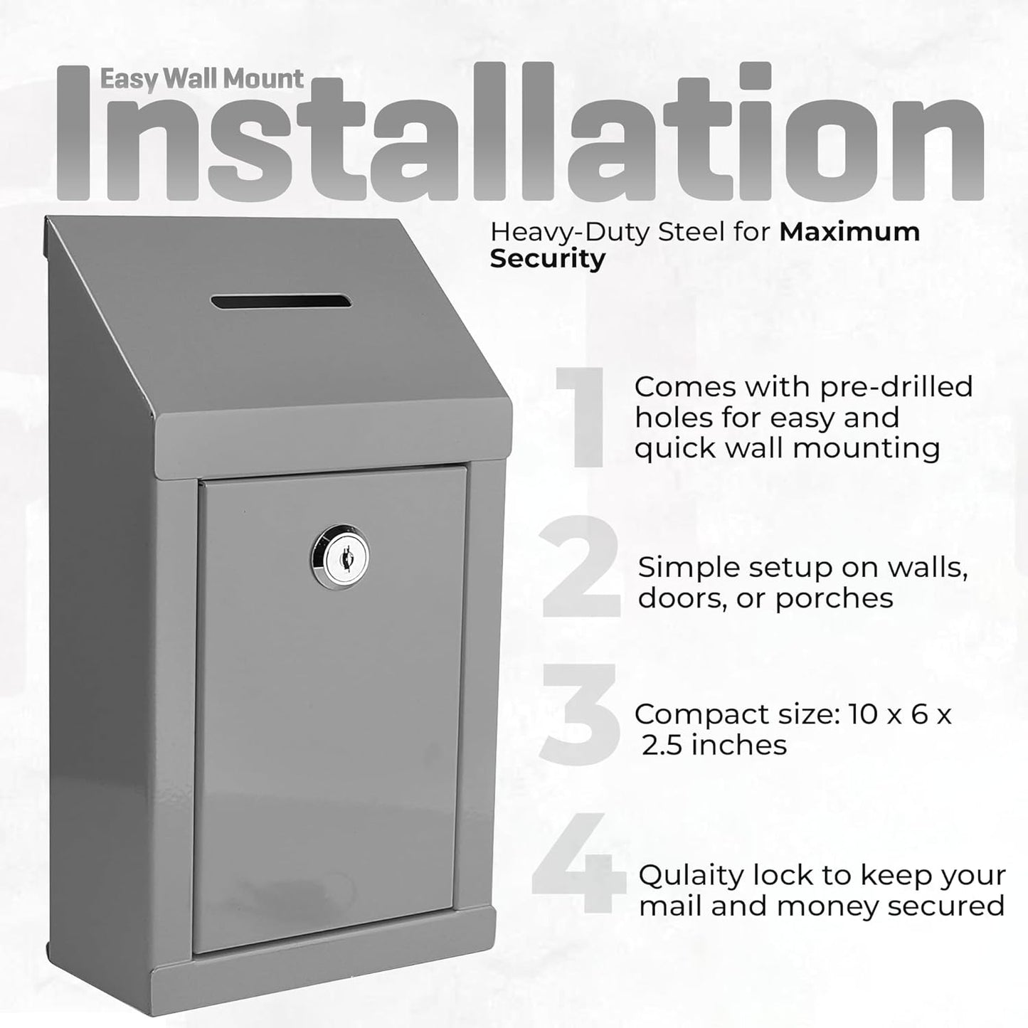 Metal Donation Box-Suggestion Box with Slot and lock-Cash Lock box for Money-Secure Drop Box-Comment and ballot voting box-comes with pre-drilled holes for easy wall mounting 10 X 6 X 2.5"(Grey)