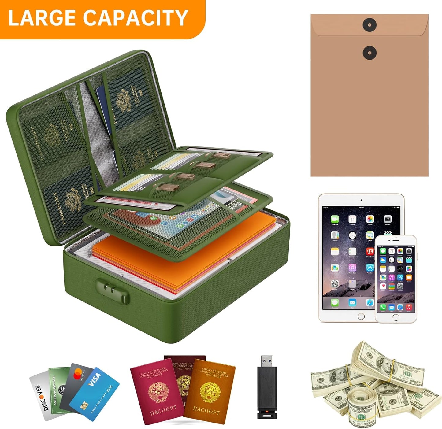 DocSafe 5200°F Document Organizer with Lock,Upgraded Heat Insulated Fireproof&Waterproof Box 8 Layers File Organizer,Portable Home Travel Safe Storage for Important Documents, Files,Green (Soft)