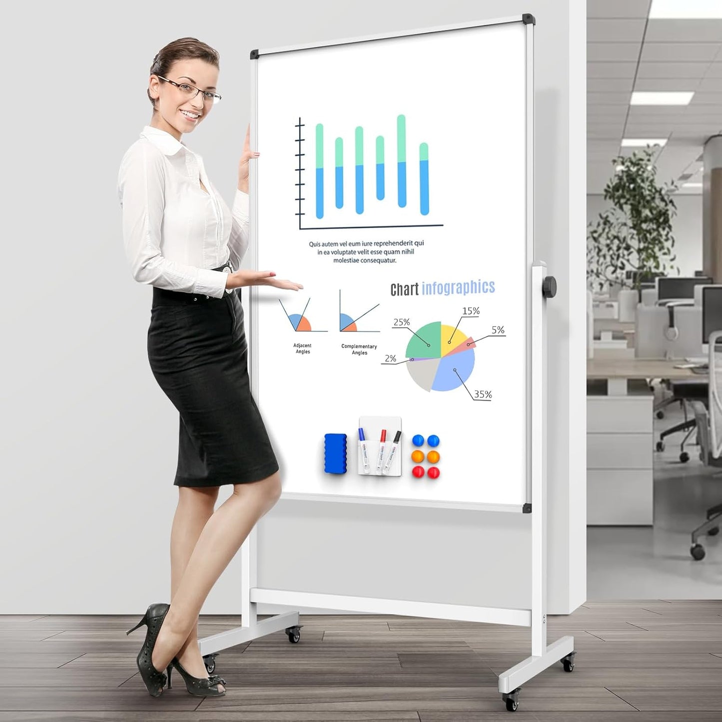 Rolling Whiteboard, Double Sided Magnetic Dry Erase Board Height Adjustable Whiteboard with Stand for Home Office Classroom (48" x 32")