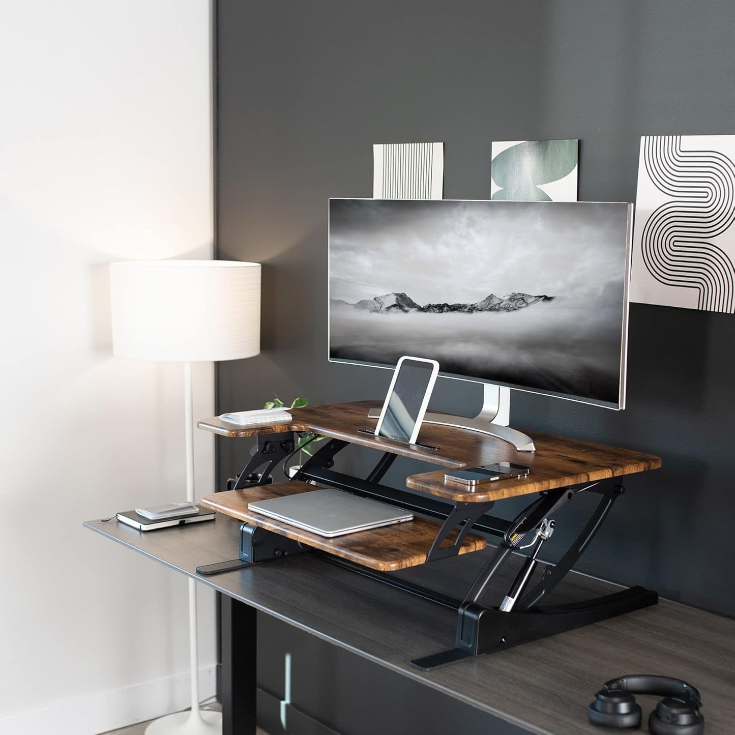 VIVO 36 inch Height Adjustable Stand Up Desk Converter, V Series, Quick Sit to Stand Tabletop Dual Monitor Riser Workstation, Rustic Vintage Brown Top, Black Frame, DESK-V000VN