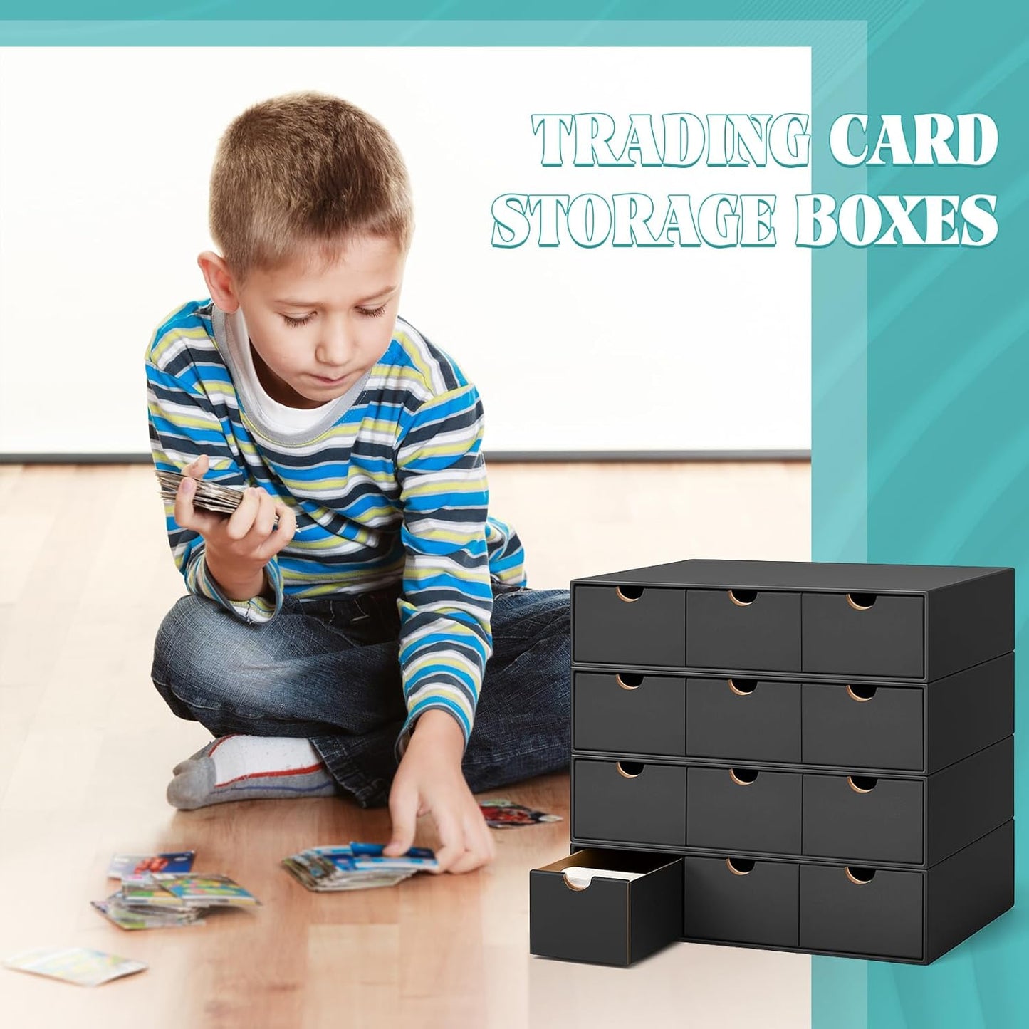 Cholemy Trading Card Storage Box 15000+ with 70 Cardboard Storage Divider, Label Sticker for Collection Compatible with TCG, Sport Cards(4 Row, 3 in A Row,Black)