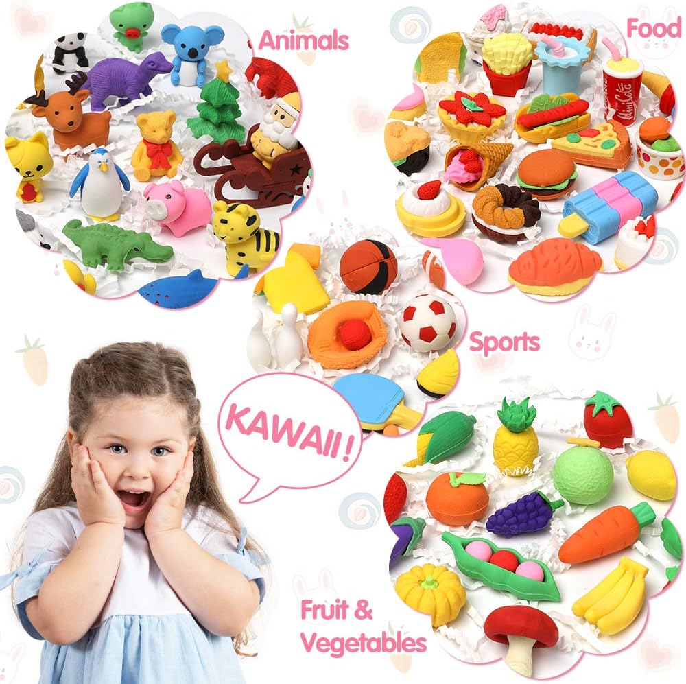 UMIKU 100 Pack Animal Pencil Erasers 3D Desk Pet for Kids Mini Puzzle Take Apart Eraser Student Classroom Prizes Rewards Easter Egg Fillers Treasure Box Back to School Supplies Kid Party Favors Gift