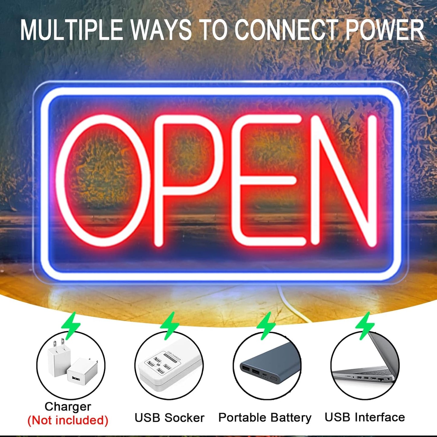 Led Neon Open Signs for Business,16.5"X 9" Open Signs, Powered by USB with ON/OFF Switch, Adjustable Bright Led Neon Open Sign for Bar Salon Coffee Stores Club Hotel (Blue/Red-Horizontal)