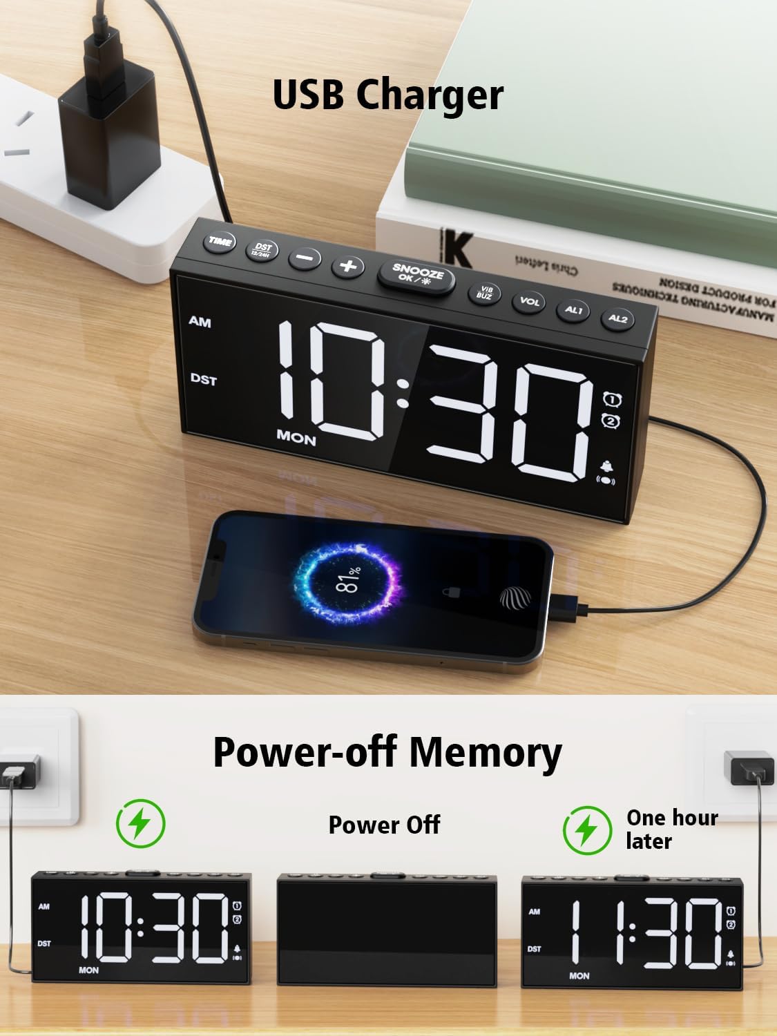PPLEE Loud Alarm Clock for Heavy Sleepers,Dual Vibrating Alarm Clock with 3-level Vibration for Hearing-impaired Deaf,Weekday/Everyday Mode,5 Dimmer,5 Volume,Large Numbers,USB Charger,Power-off Memory