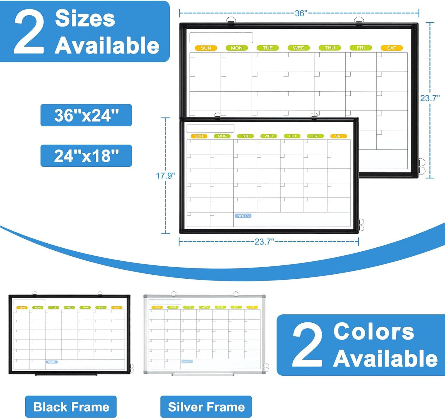 Dry Erase Calendar Whiteboard for Wall, WALGLASS 24" x 18" Magnetic White Board, Monthly Dry Erase Calendar with Black Aluminum Frame, Double-Sided Hanging Portable Board for Office, Home, School