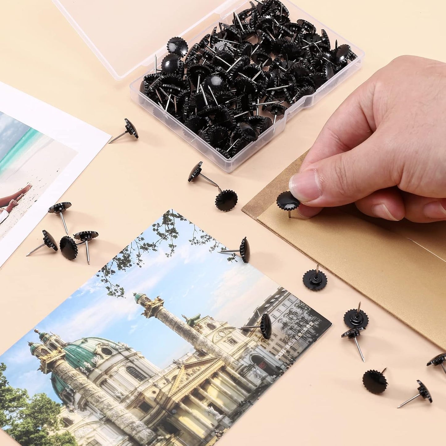 150PCS Black Push Pins, Standard Clear Thumb Tacks Steel Point and Transparent Plastic Head for Bulletin Board, Fabric Marking, Crafts and Office Organization