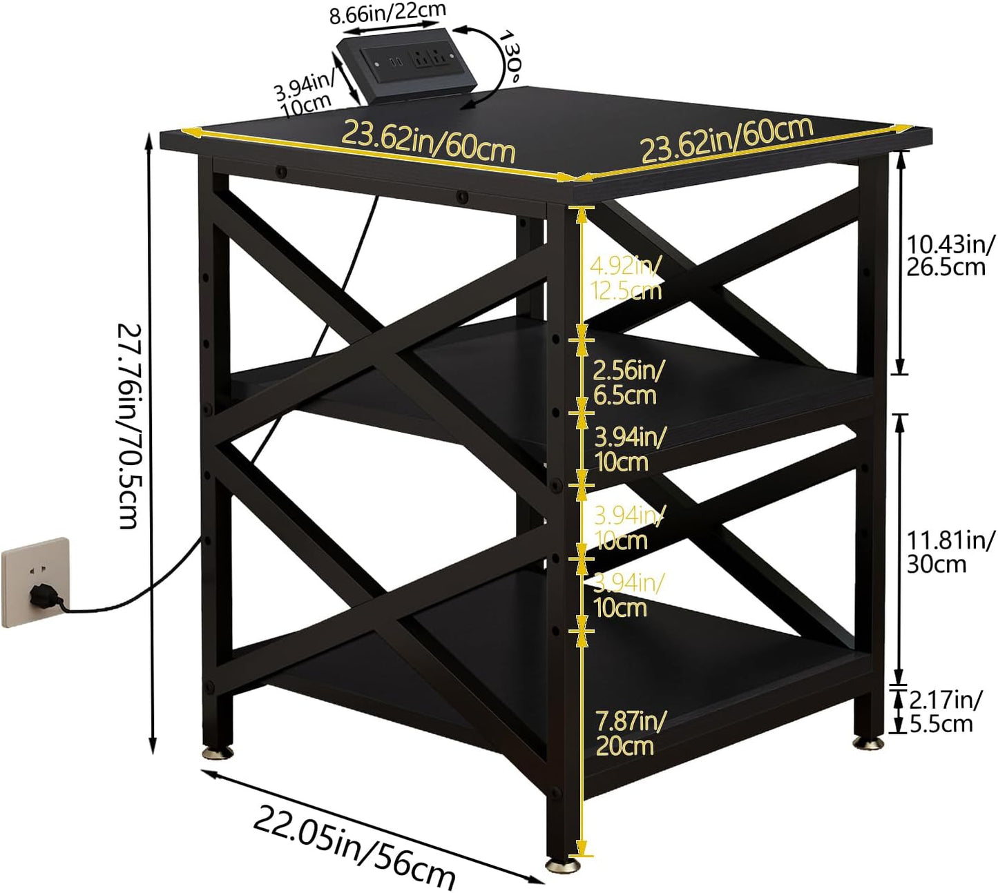 Large Printer Stand with Power Outlet, with Height Adjustable Storage Shelf, 3 Tier Rolling Printer Cart with Industrial Wheels, 23.6 x 23.6 Inches Printer Table for Home Office,Black