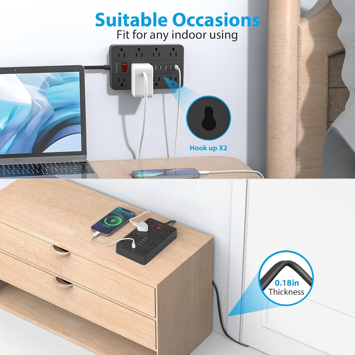 Power Strip with USB,SMNICE Surge Protector Flat Plug with 8 Widely-Spaced Outlets & 6 USB(1USB C) Ports, Wall Mountable 5ft Extension Cord for Smartphone Tablet Laptop Computer Multiple Devices