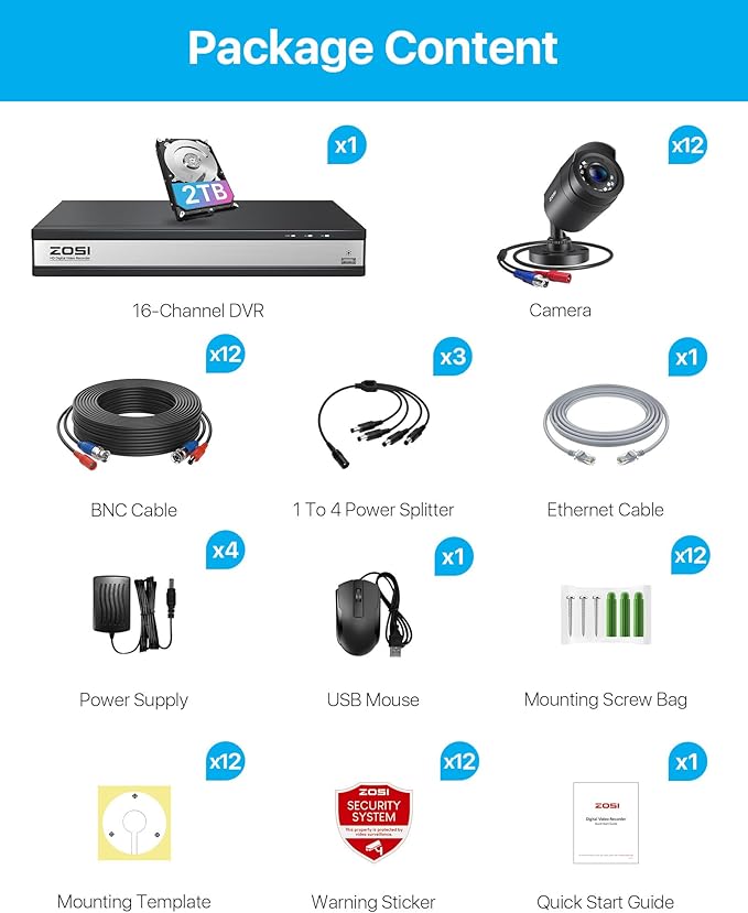 ZOSI 3K Lite 16 Channel Security Camera System Outdoor,AI Human Vehicle Detection,Night Vision,12pcs 2MP Weatherproof Surveillance Camera,H.265+ 16CH 1080P CCTV DVR with 2TB HDD for 24/7 Recording
