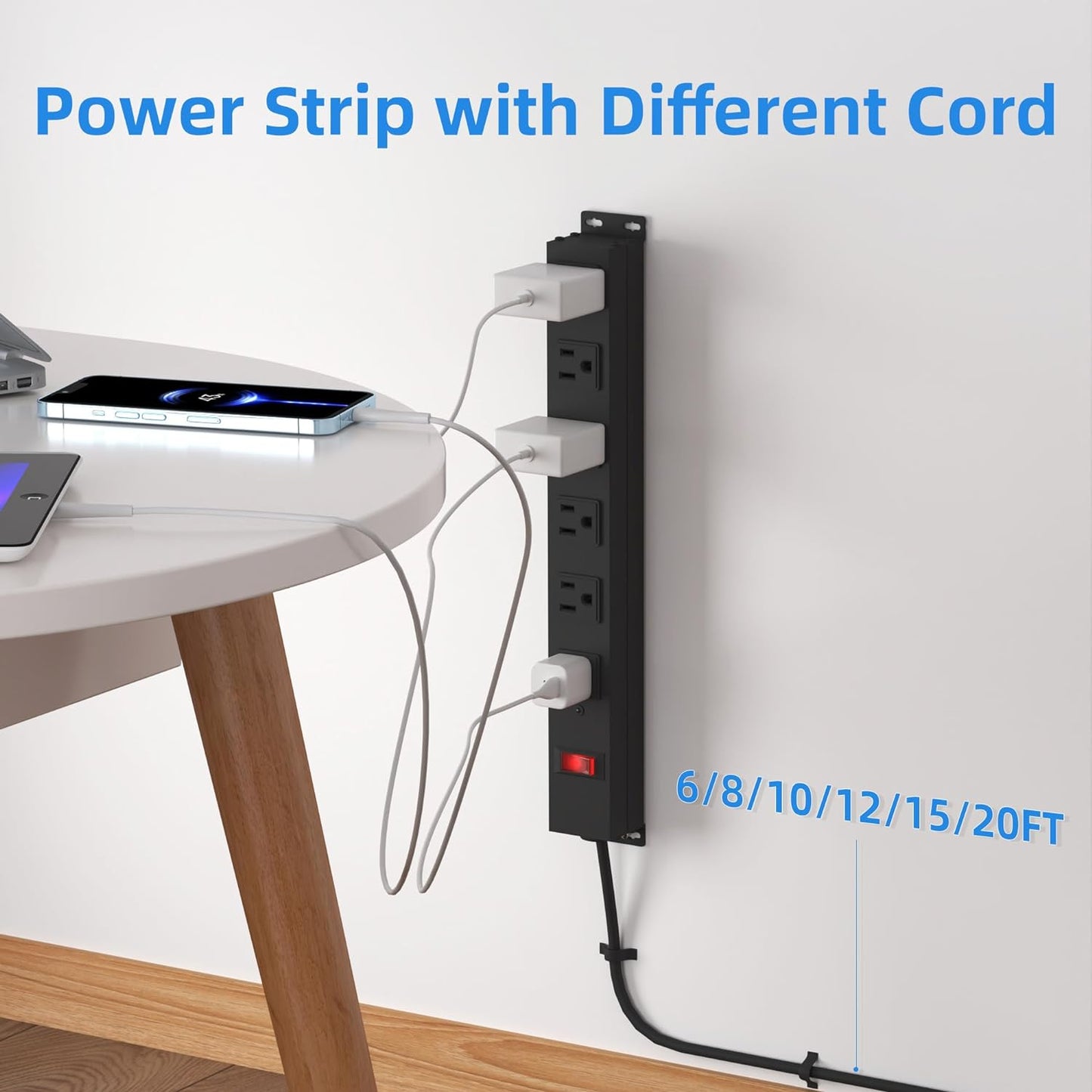 Power Strip with 6AC Outlets 6 Ft UL 14AWG Cord Straight Plug,Metal Wall Mount Heavy Duty Power Strip with Switch for Commercial,Industrial,School and Home,15A/125V/1875W,Black(6FT)