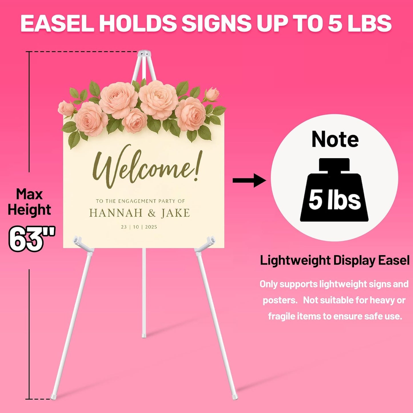 63" White Easel Stand for Wedding Sign Poster Display Easel Folding Art Easel for Floor Adjustable Metal Easel Instant Tripod Easel for Display Painting Wedding Shower Sign Easel, 1Pack